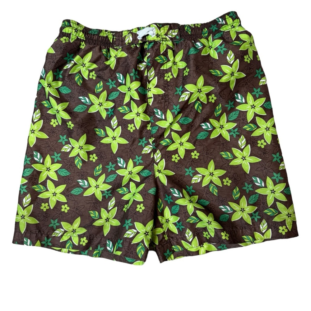 Boy’s Mick Mack LTD Brown & Green Tropical Beach Swim Trunks Size 7, UPF50, GUC